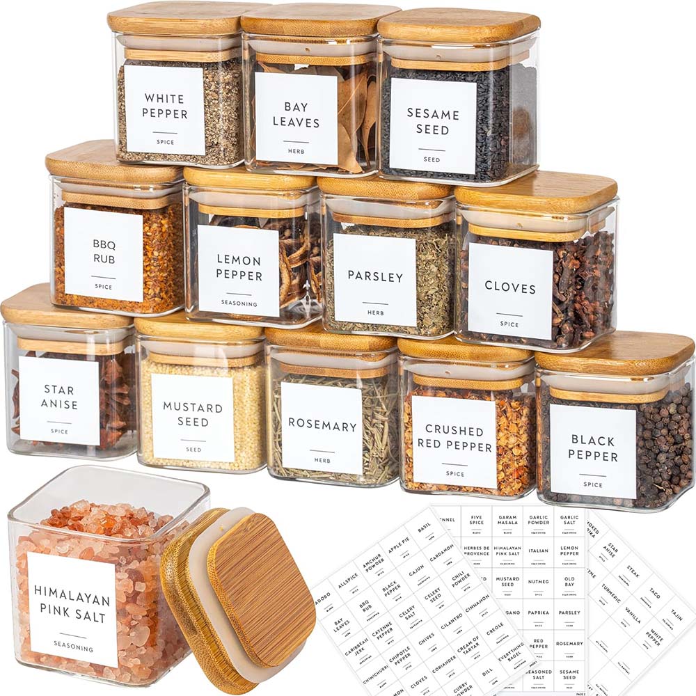 Food Storage Glass Container Set - مجموعة برطمانات زجاجية مزودة بملصقات توابل