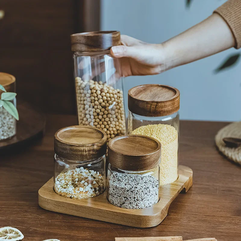 Food Storage Glass Container Set - وعاء زجاجي بغطاء خشبي ، علبة