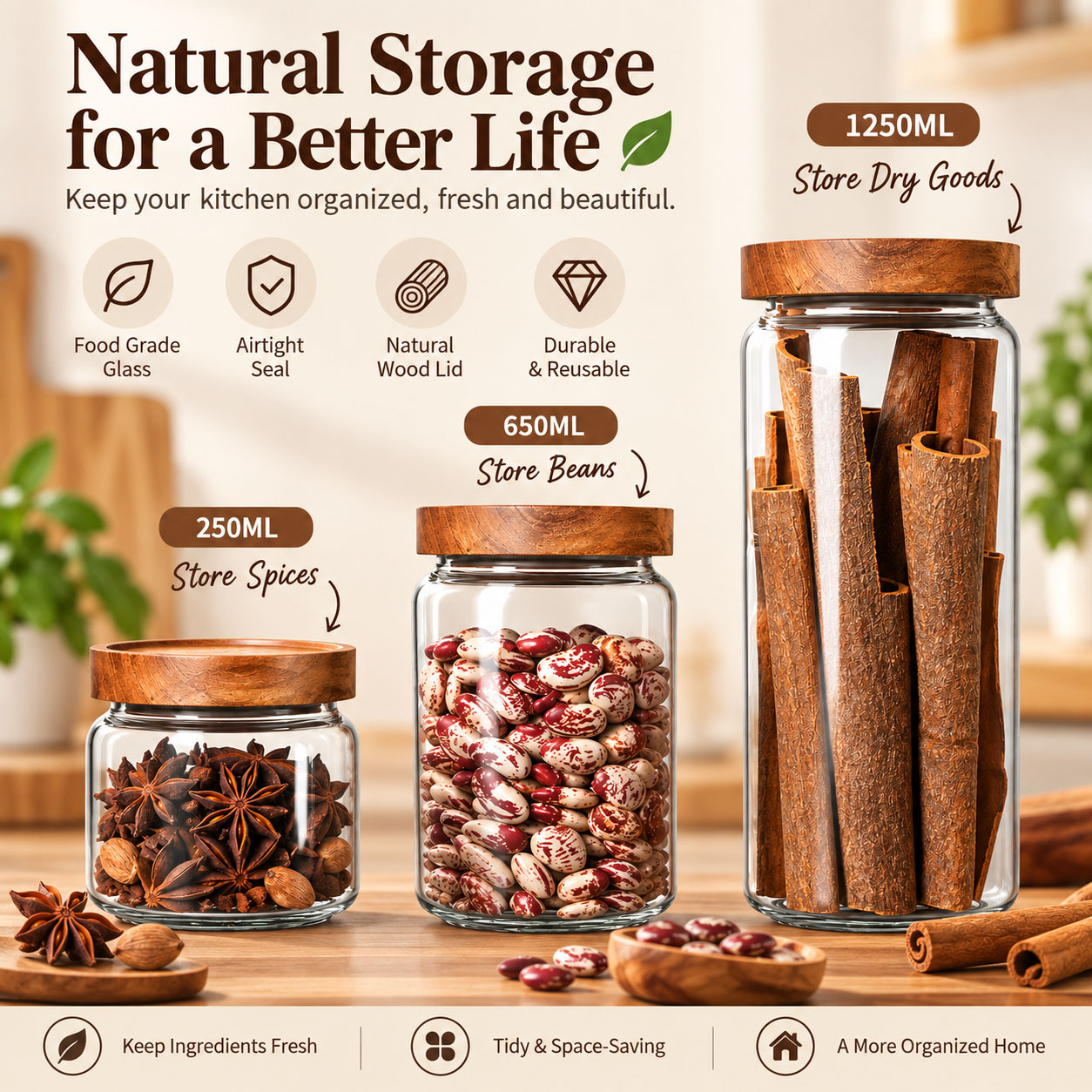 1 قطعة منظم بغطاء خشبي، عبوة ز - مراجعة Food Storage Glass Container Set وسعره